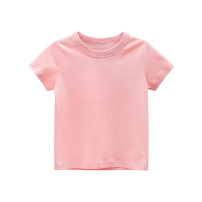 Baby Kids No Pattern Solid Color Short-Sleeved Tops In Summer Outfit Wearing-8