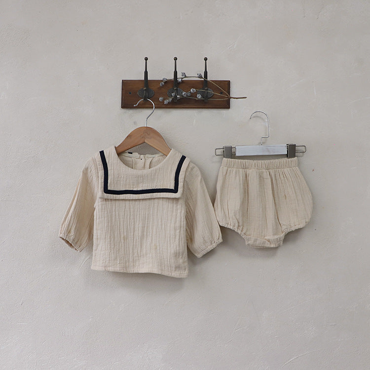 Baby Girl Solid Color Big Lapel Design Shirt Combo Shorts Sailor Style Sets-2