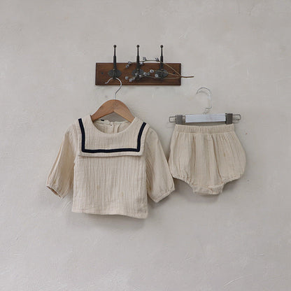 Baby Girl Solid Color Big Lapel Design Shirt Combo Shorts Sailor Style Sets-2