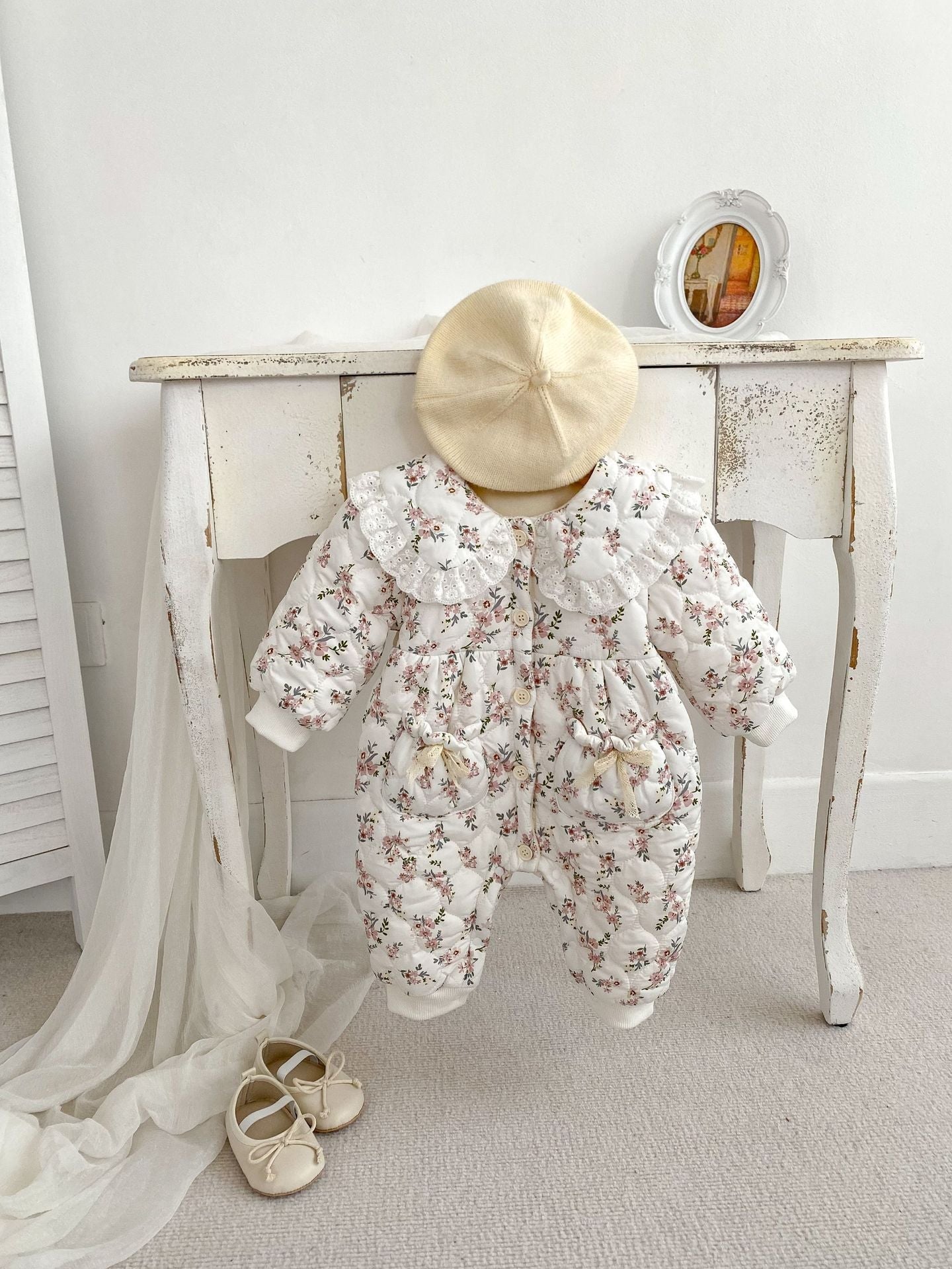 Infant Baby Girl Floral Combo Laces Warm Thicken Long Sleeve Jumpsuit