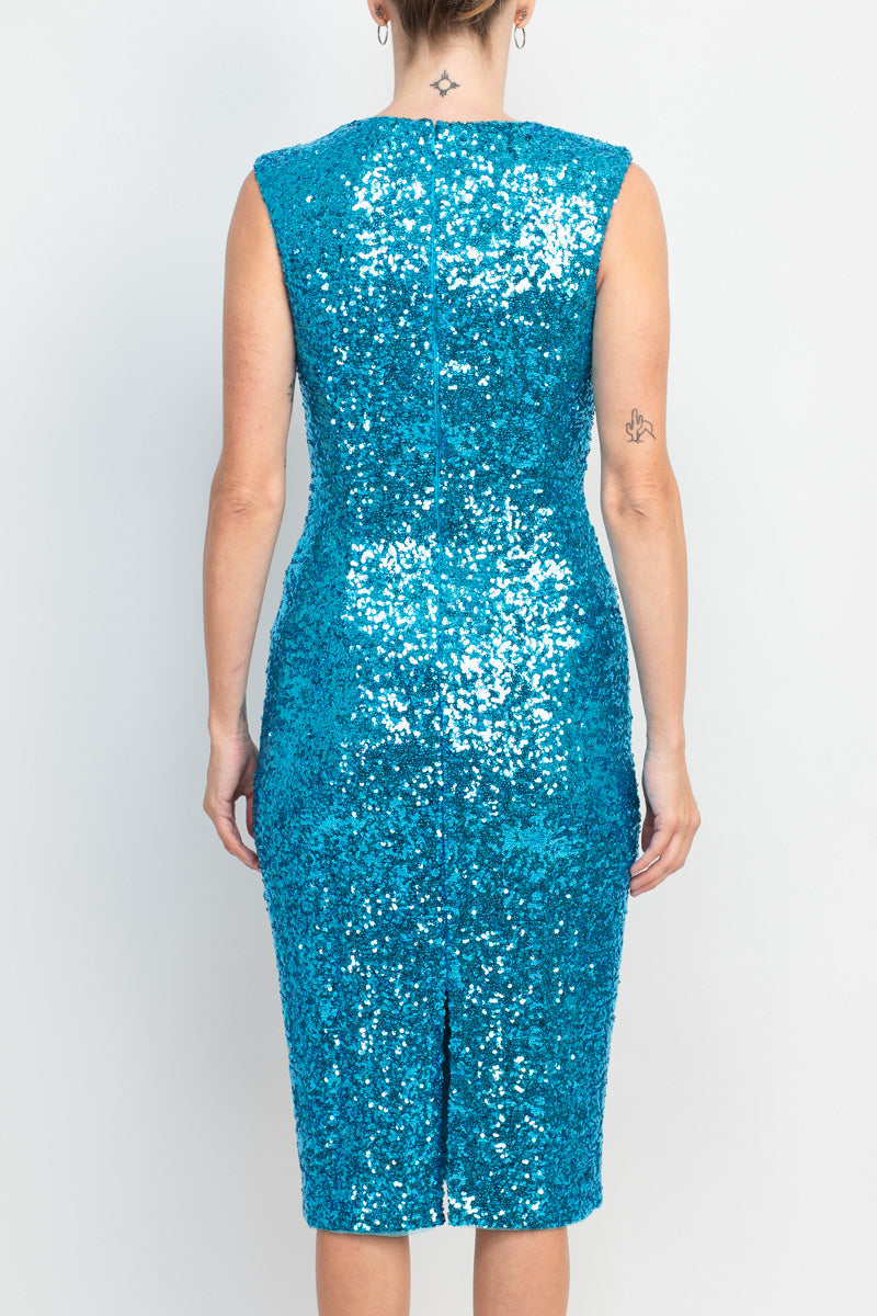 Badgley Mischka jewel neck sleeveless bodycon zipper closure slit back sequined dress-4