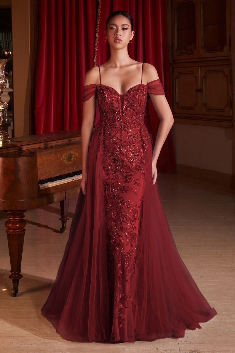 Embellished Off Shoulder Fitted A-Line Tulle Skirt Long Prom Dress CDSF009-2
