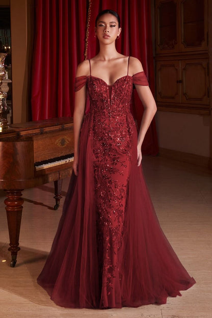 Embellished Off Shoulder Fitted A-Line Tulle Skirt Long Prom Dress CDSF009-2