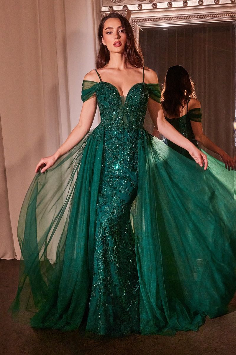 Embellished Off Shoulder Fitted A-Line Tulle Skirt Long Prom Dress CDSF009-3