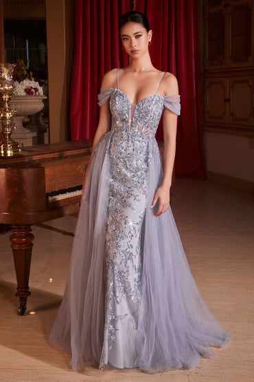Embellished Off Shoulder Fitted A-Line Tulle Skirt Long Prom Dress CDSF009-1