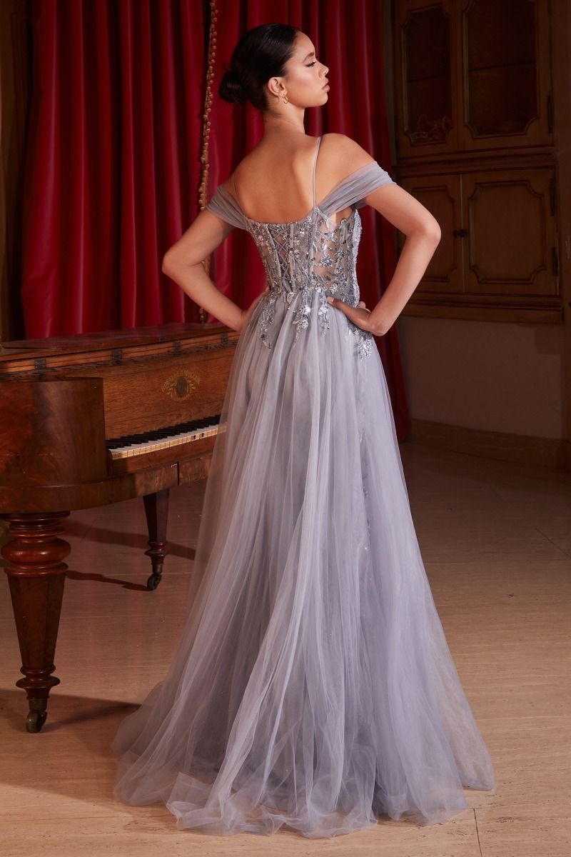 Embellished Off Shoulder Fitted A-Line Tulle Skirt Long Prom Dress CDSF009-0
