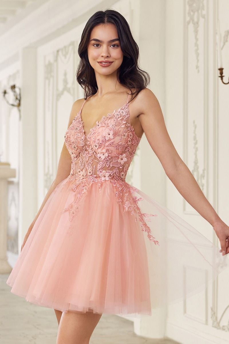 LACE BODICE A-LINE LAYERED TULLE SHORT DRESS CDSF047-0