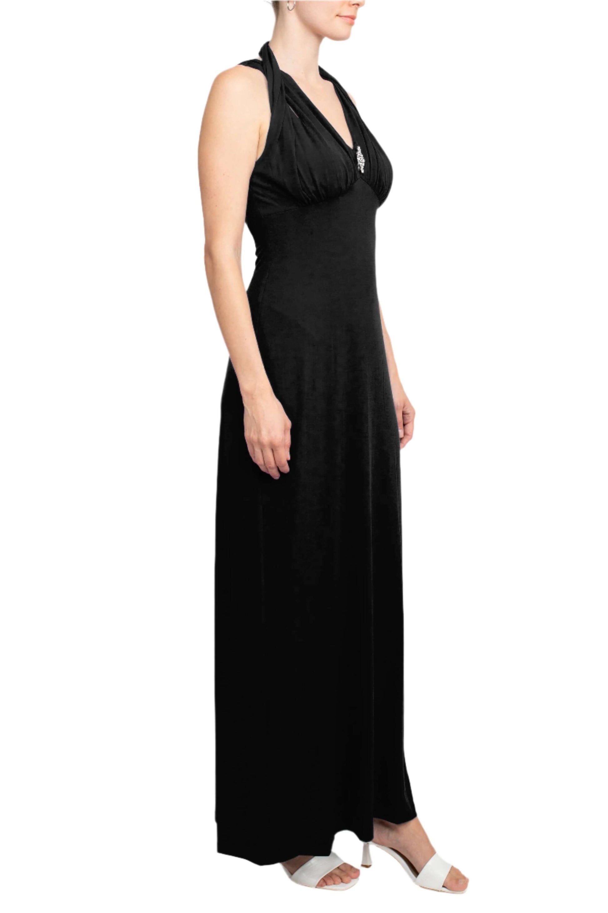Connected Apparel Crossed Neck Sleeveless Jewelry Front Detail Ruched Empire Waist Solid Jersey Dress-3