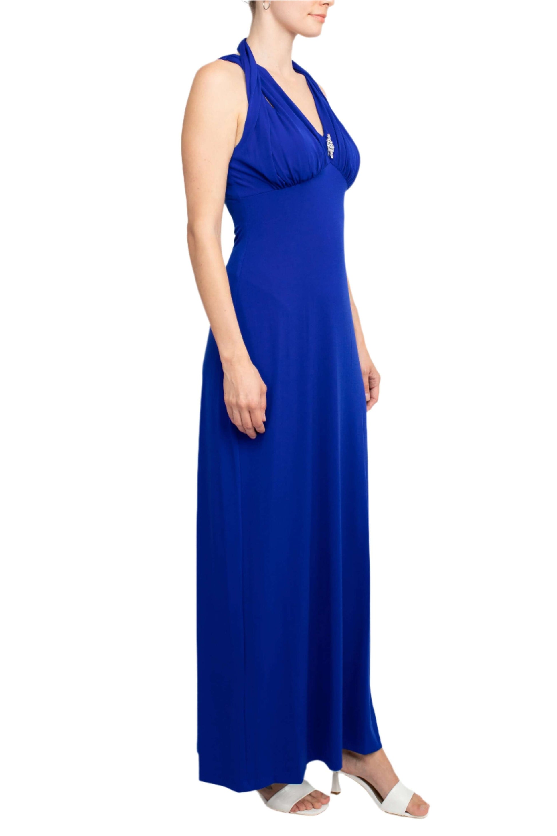 Connected Apparel Crossed Neck Sleeveless Jewelry Front Detail Ruched Empire Waist Solid Jersey Dress-2