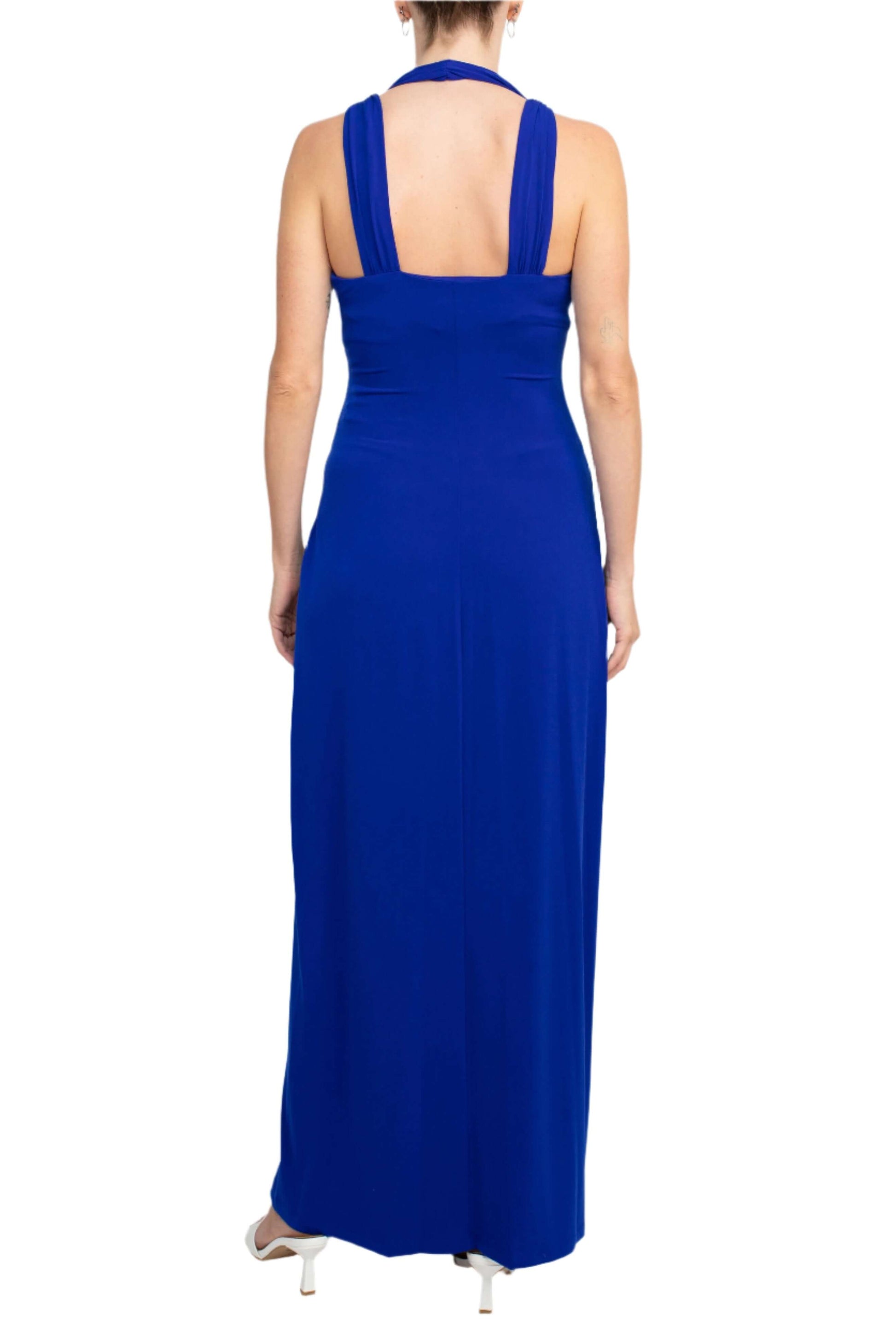 Connected Apparel Crossed Neck Sleeveless Jewelry Front Detail Ruched Empire Waist Solid Jersey Dress-4
