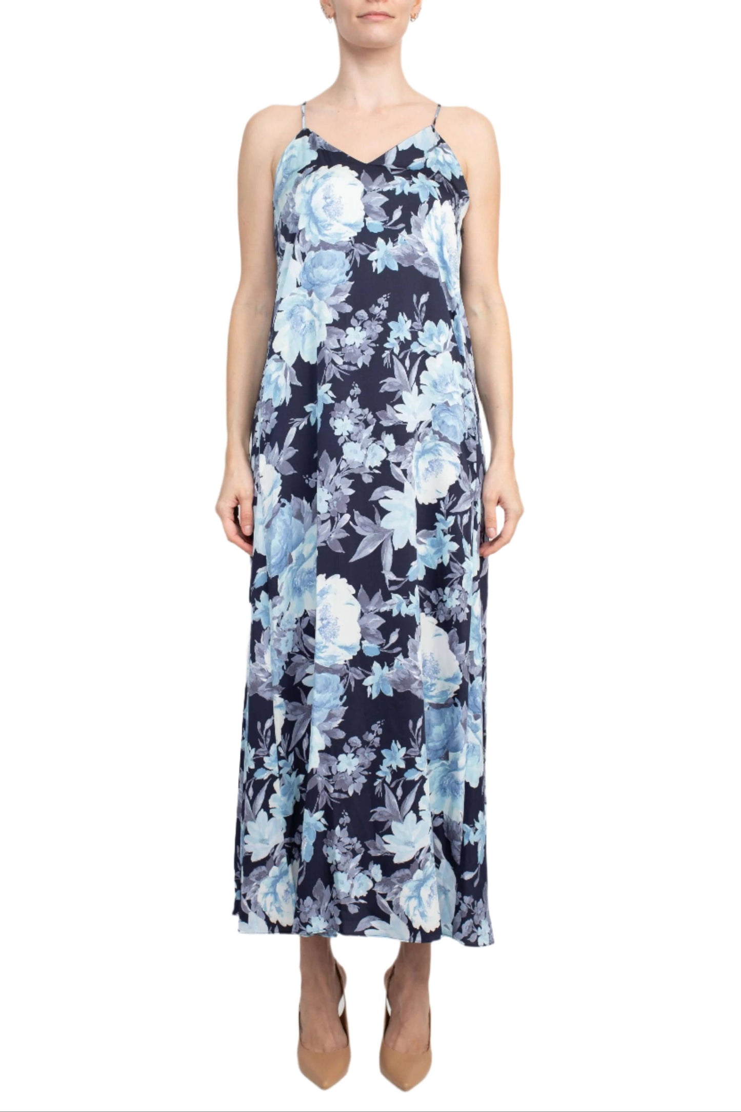 Connected Apparel V-Neck Spaghetti Strap Floral Print Satin Dress with Pockets-0