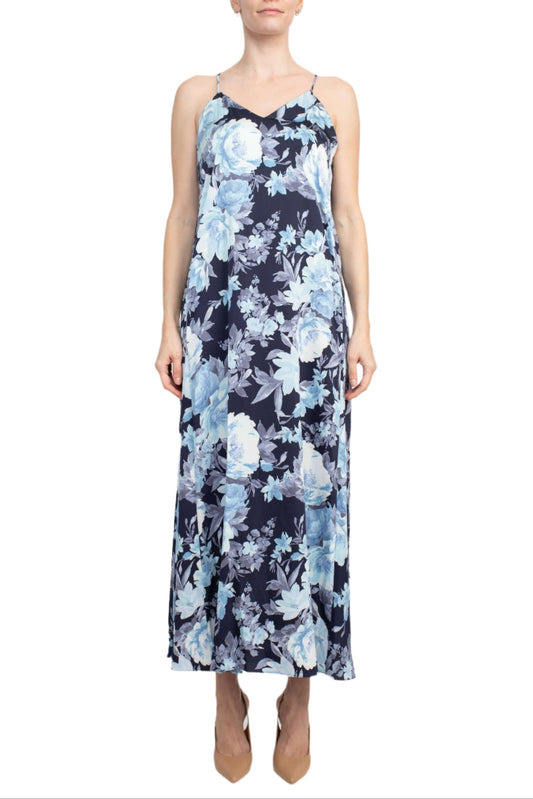 Connected Apparel V-Neck Spaghetti Strap Floral Print Satin Dress with Pockets-0
