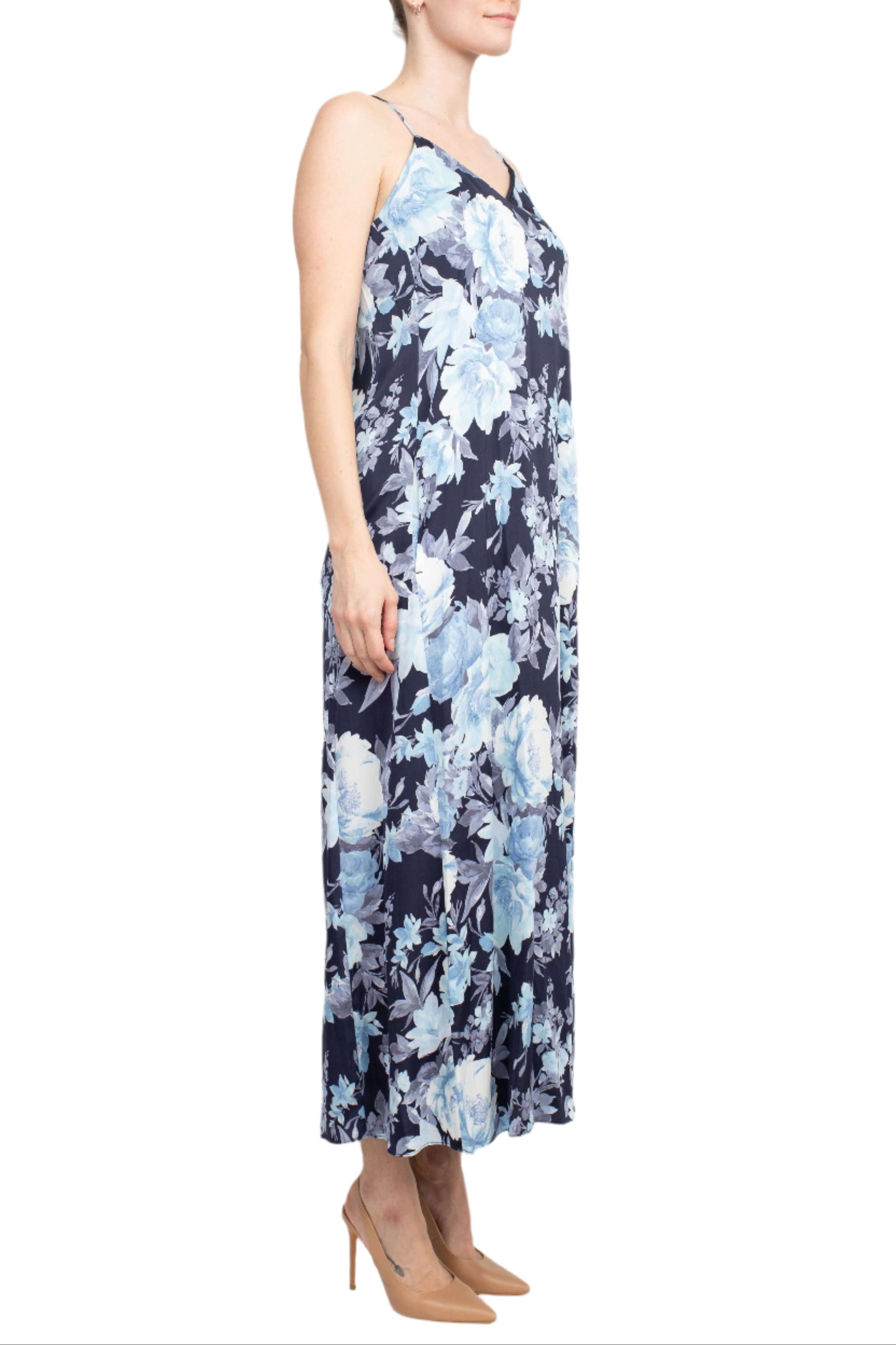 Connected Apparel V-Neck Spaghetti Strap Floral Print Satin Dress with Pockets-2