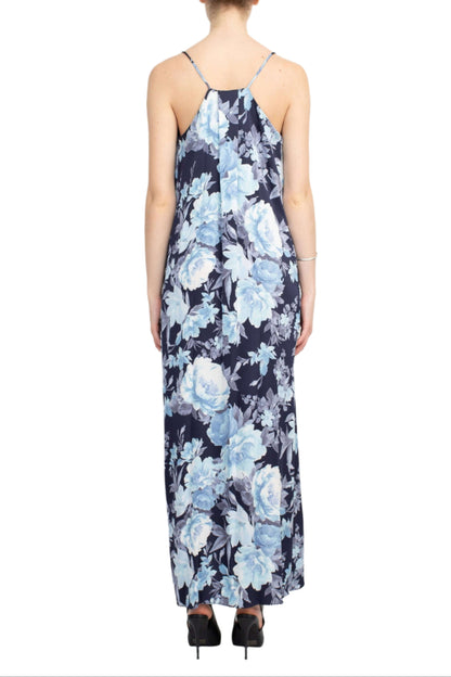 Connected Apparel V-Neck Spaghetti Strap Floral Print Satin Dress with Pockets-3