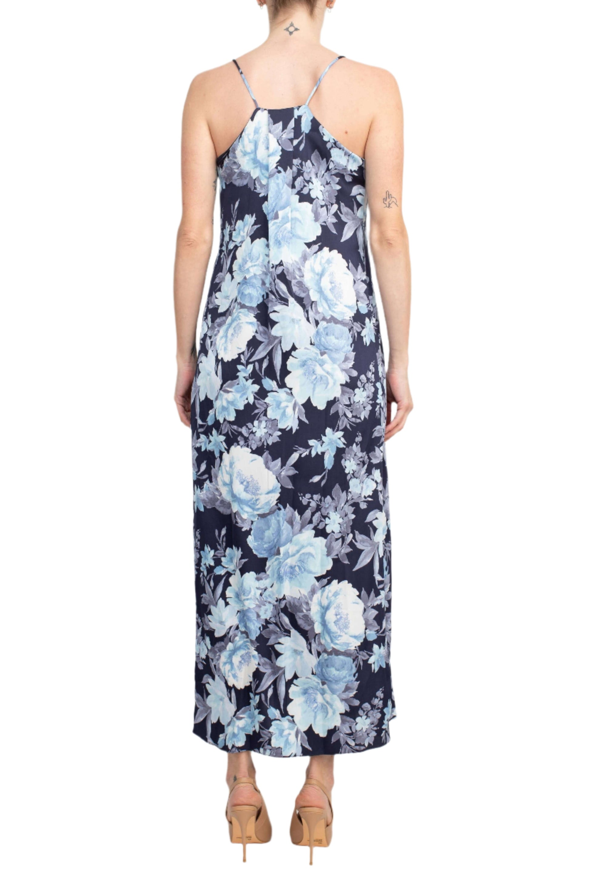 Connected Apparel V-Neck Spaghetti Strap Floral Print Satin Dress with Pockets-4
