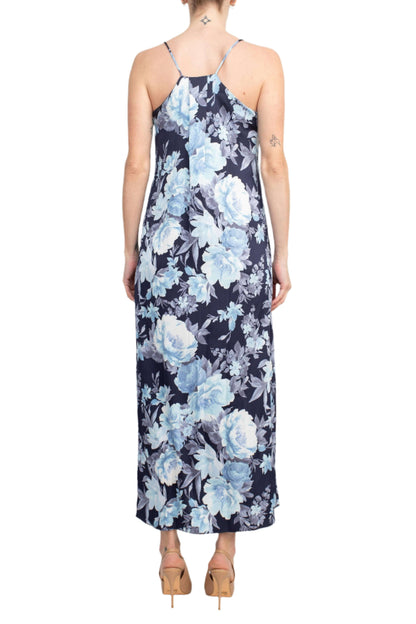 Connected Apparel V-Neck Spaghetti Strap Floral Print Satin Dress with Pockets-4