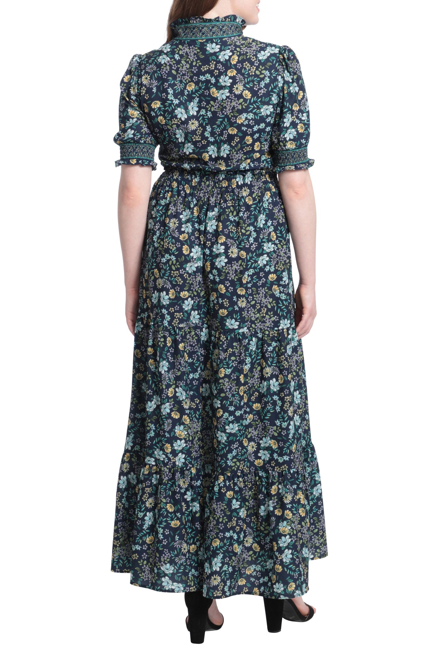 London Times Halter Neck Puff Short Sleeves Back Zipper Midi Dress