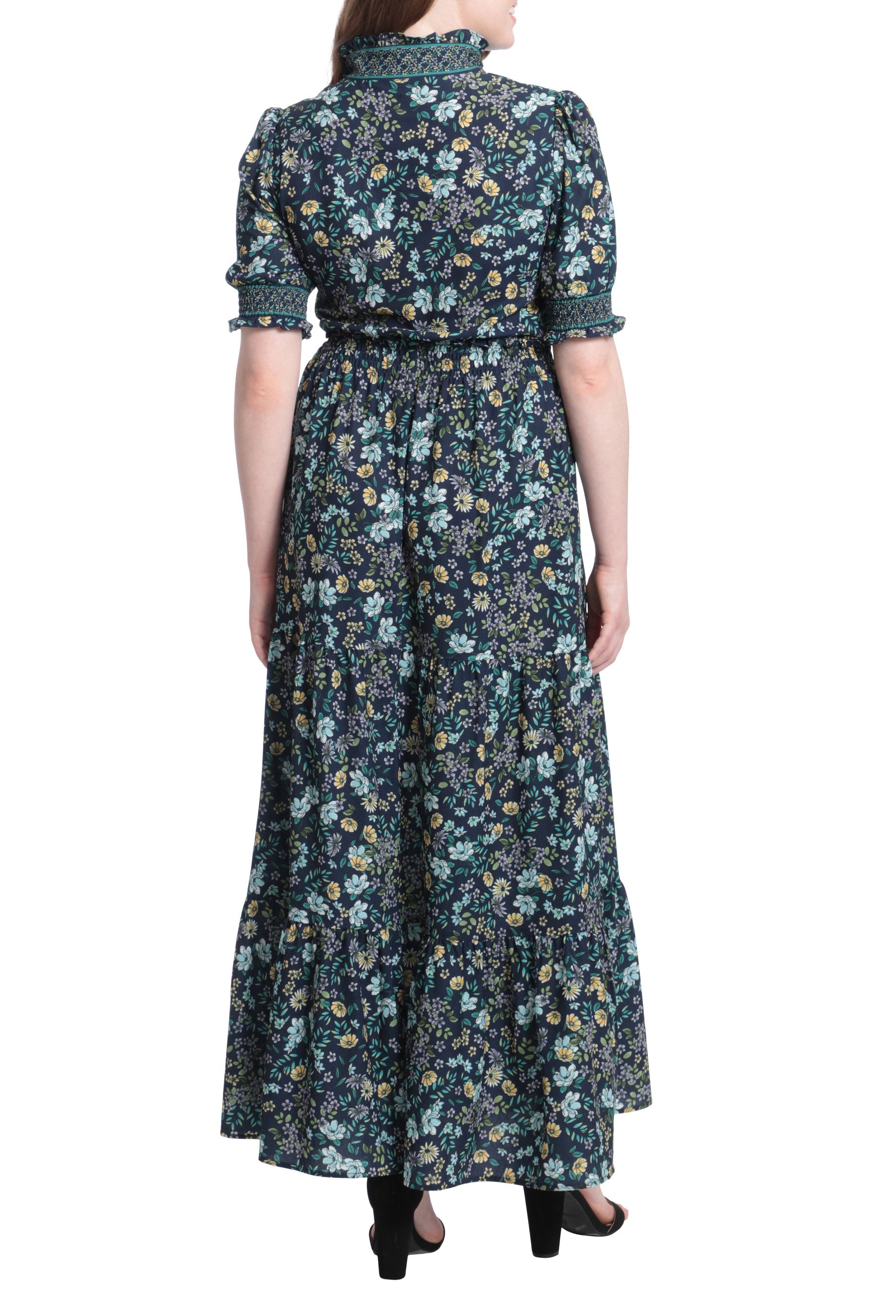 London Times Halter Neck Puff Short Sleeves Back Zipper Midi Dress