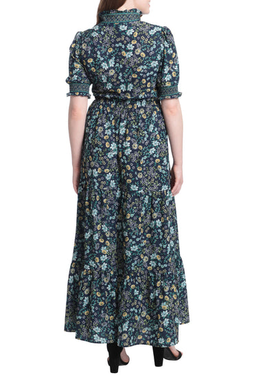 London Times Halter Neck Puff Short Sleeves Back Zipper Midi Dress