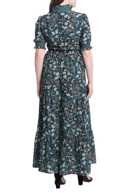 London Times Halter Neck Puff Short Sleeves Back Zipper Midi Dress