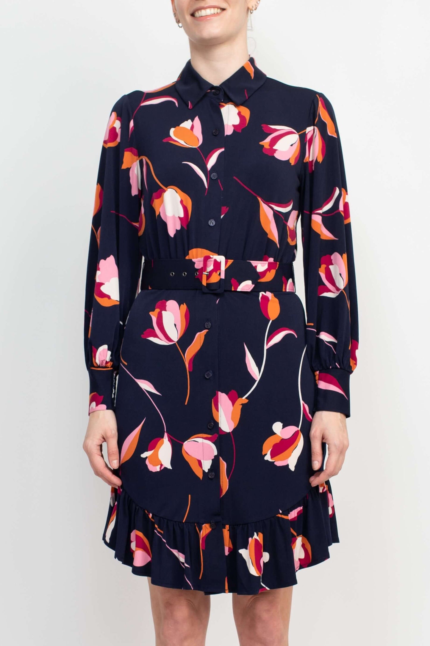 London Times Collared Button Down Elastic Cuff Long Sleeve Belted Jersey Dress-2