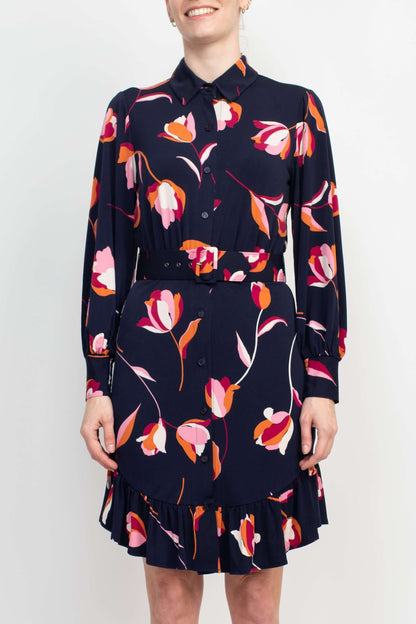 London Times Collared Button Down Elastic Cuff Long Sleeve Belted Jersey Dress-2