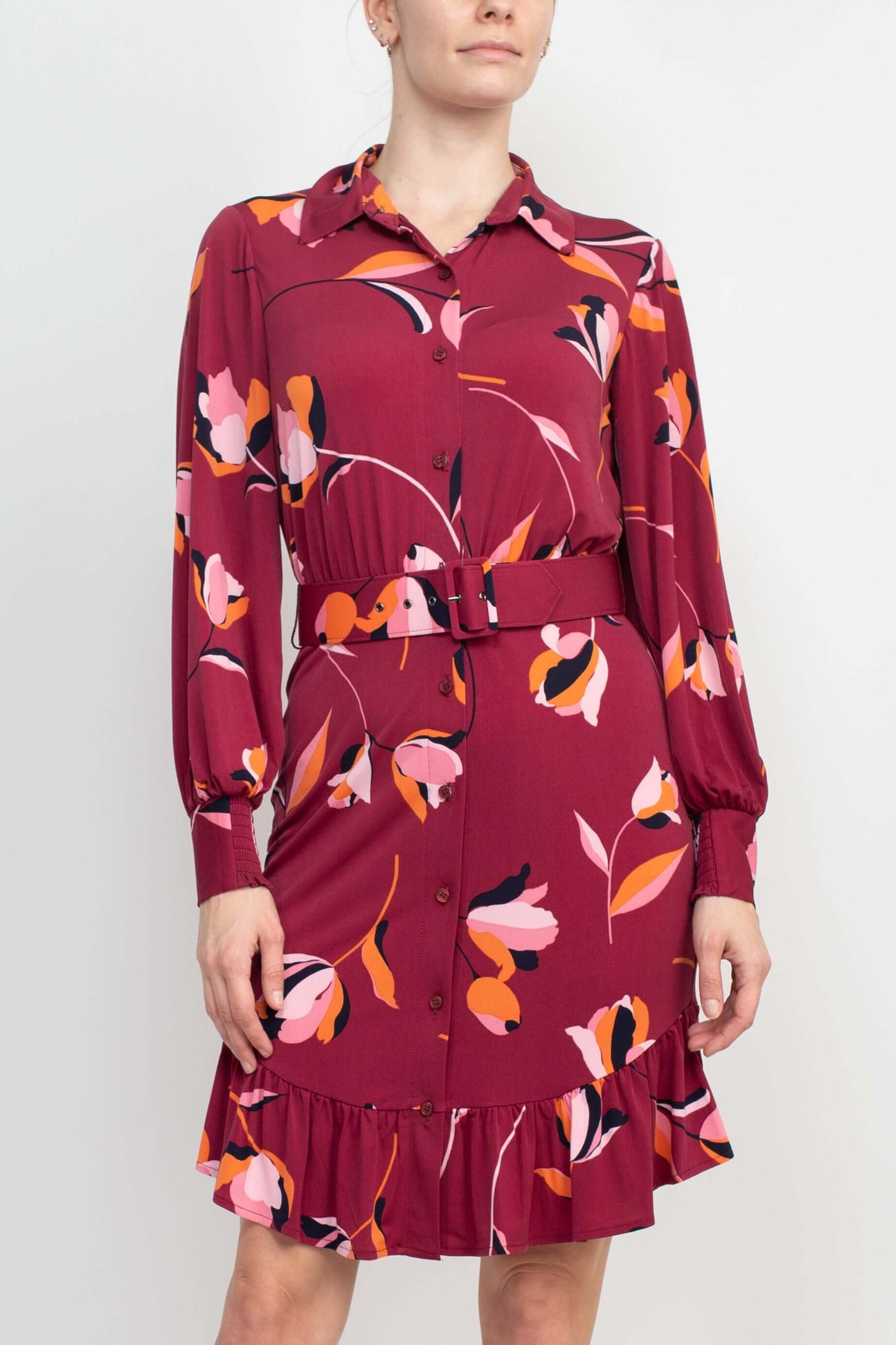London Times Collared Button Down Elastic Cuff Long Sleeve Belted Jersey Dress-3