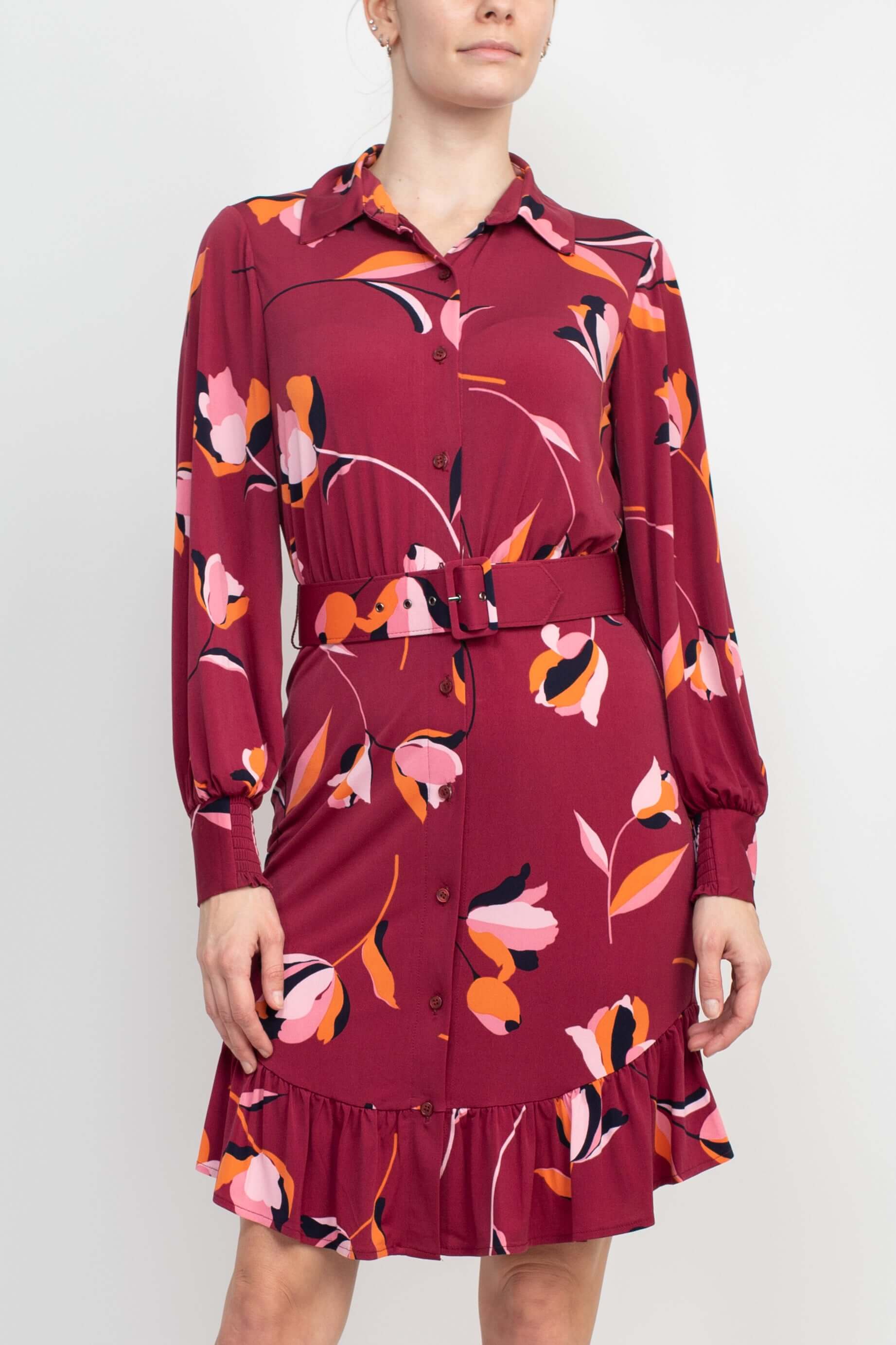London Times Collared Button Down Elastic Cuff Long Sleeve Belted Jersey Dress-3