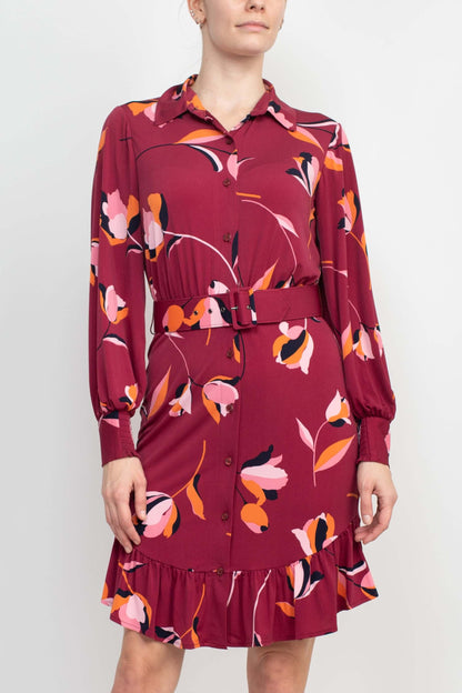 London Times Collared Button Down Elastic Cuff Long Sleeve Belted Jersey Dress-3