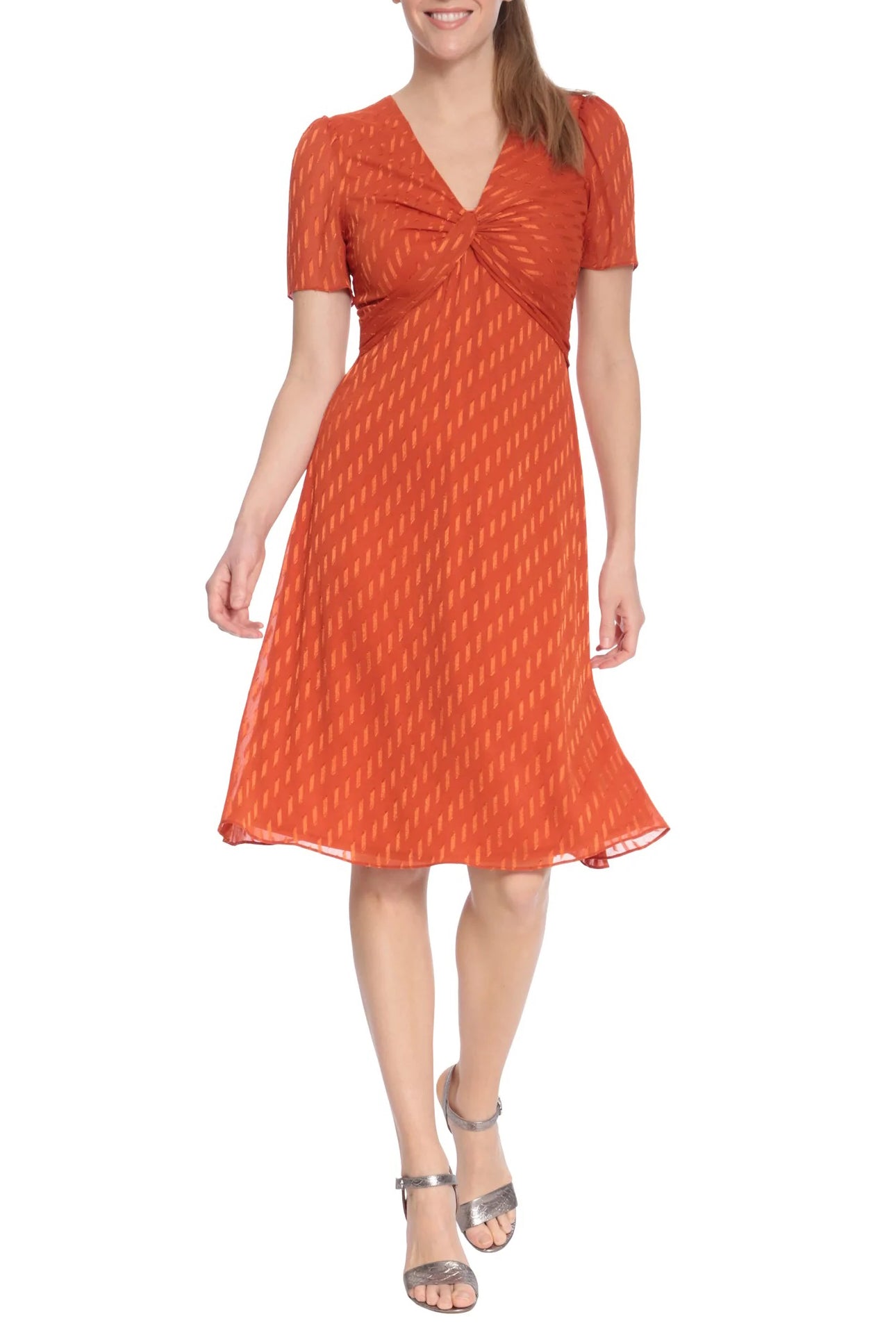 London Times V Neck Short Sleeves Back Zipper Twist Front Detail Short Dress