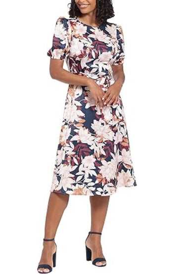 London Times Puff Sleeve Satin Midi Tie Waist Dress-1