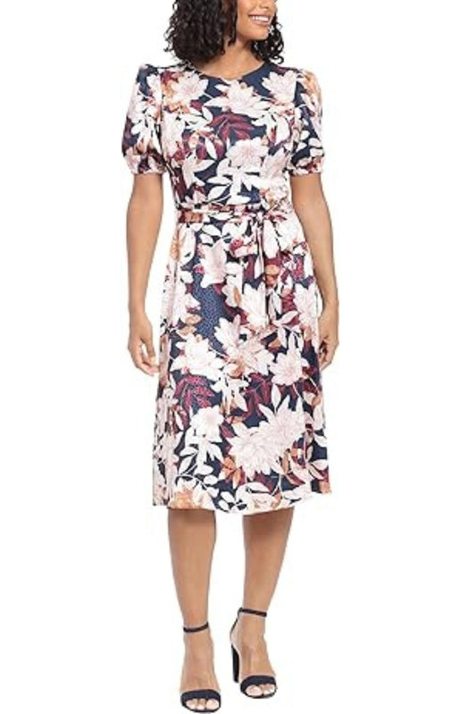 London Times Puff Sleeve Satin Midi Tie Waist Dress-0