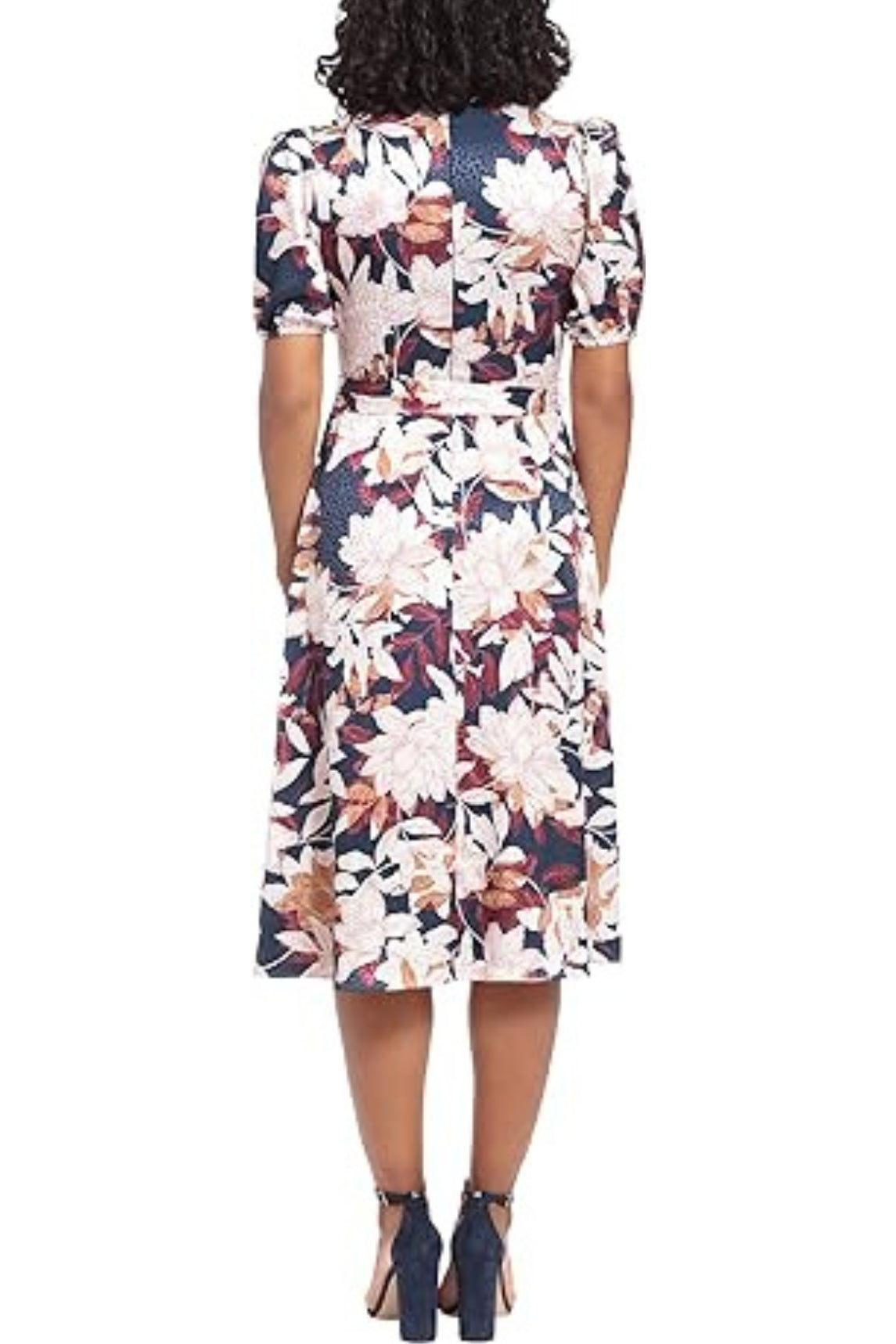 London Times Puff Sleeve Satin Midi Tie Waist Dress-2