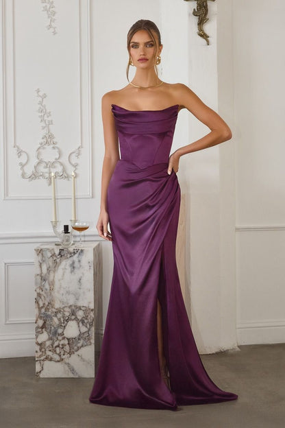 Soft Satin Bridesmaid Dress w/ Detachable Shoulder Straps & Sleek Silhouette CDT820