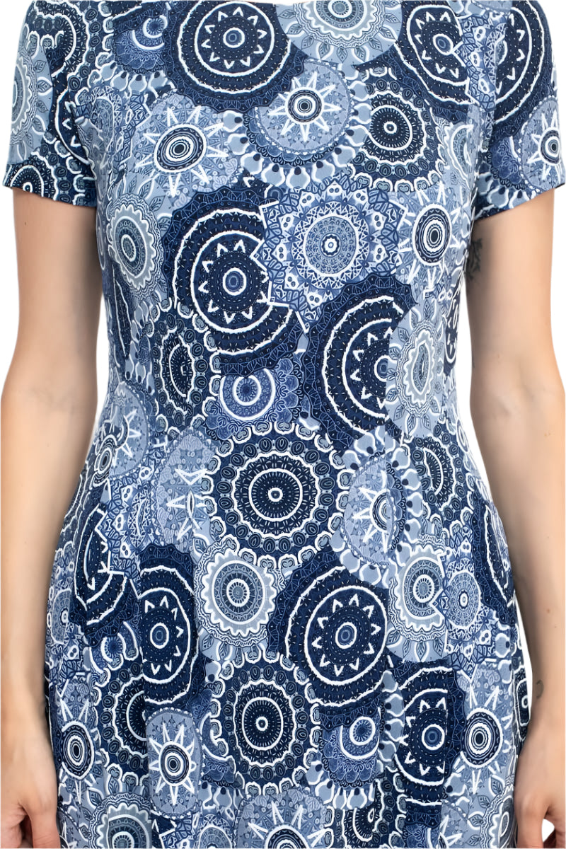 Connected Apparel Round Neck Short Sleeve Pleated Zipper Back Puff Print Fit & Flare Jersey Dress-4