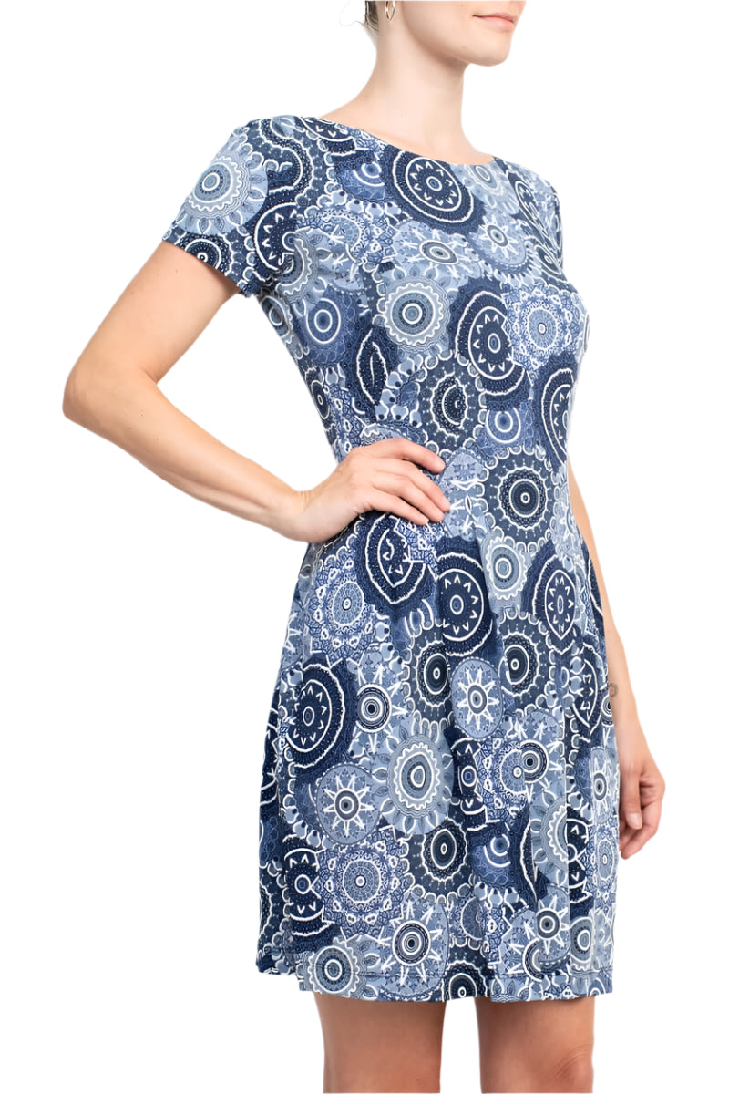 Connected Apparel Round Neck Short Sleeve Pleated Zipper Back Puff Print Fit & Flare Jersey Dress-2