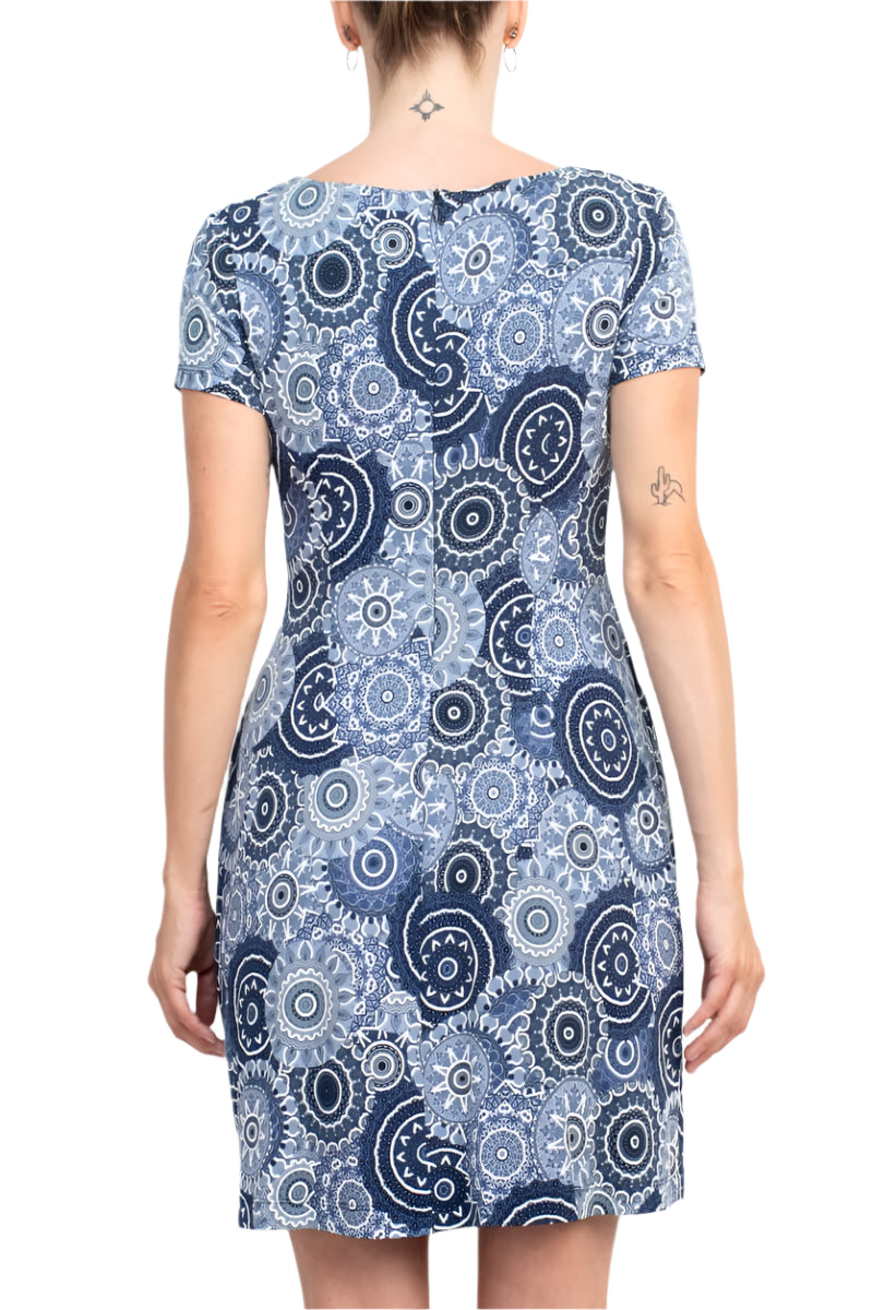 Connected Apparel Round Neck Short Sleeve Pleated Zipper Back Puff Print Fit & Flare Jersey Dress-3