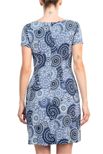 Connected Apparel Round Neck Short Sleeve Pleated Zipper Back Puff Print Fit & Flare Jersey Dress-3