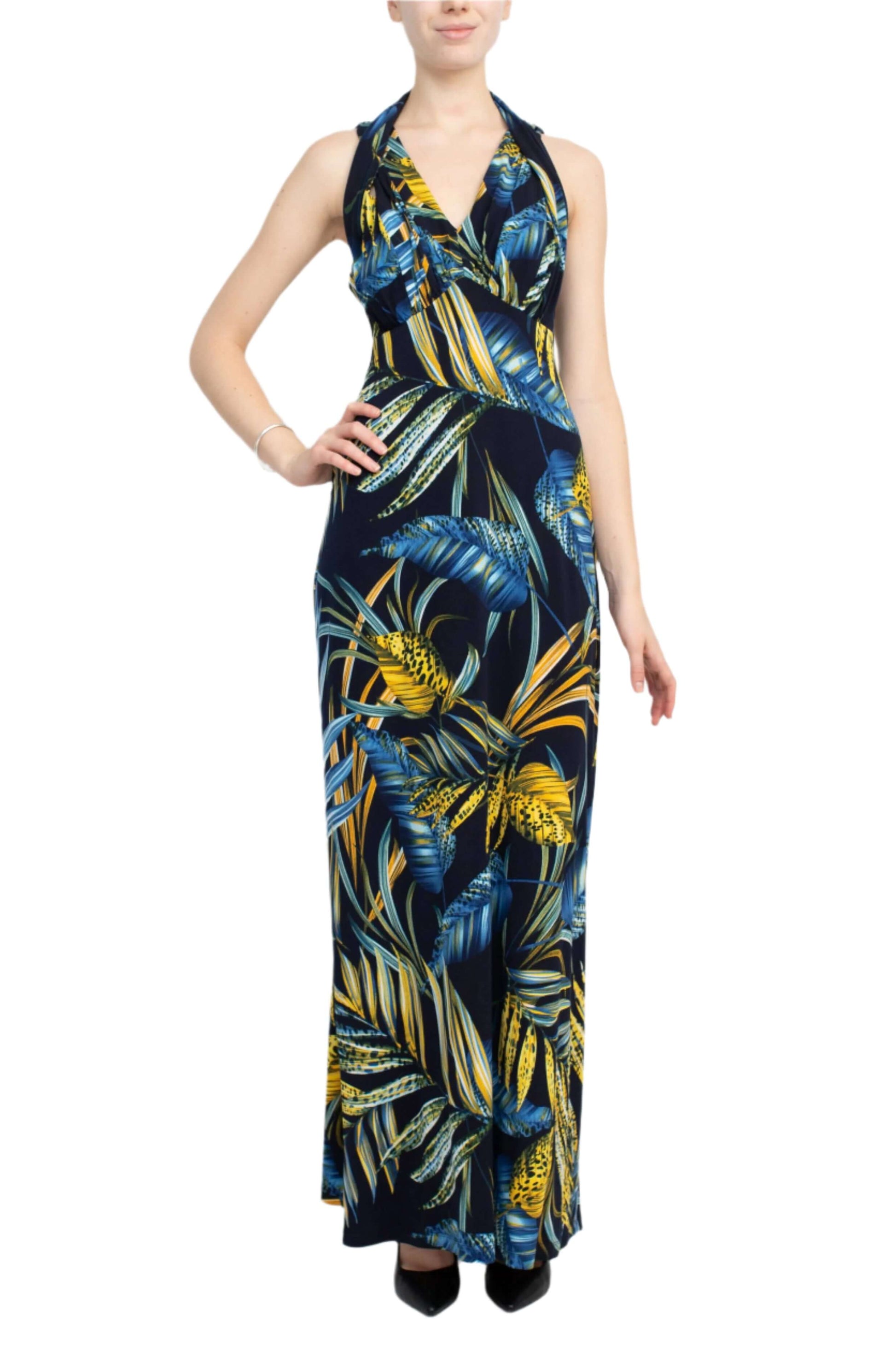 Connected Apparel V-Neck Crossed Shoulder Empire Waist Multi Print Jersey Dress-0