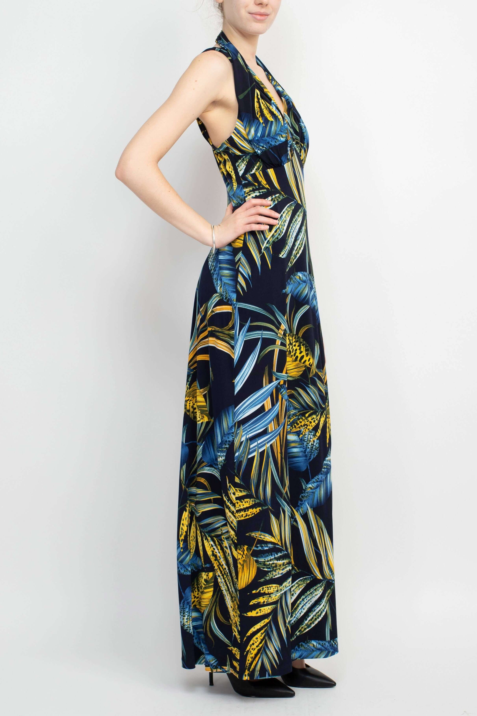 Connected Apparel V-Neck Crossed Shoulder Empire Waist Multi Print Jersey Dress-1