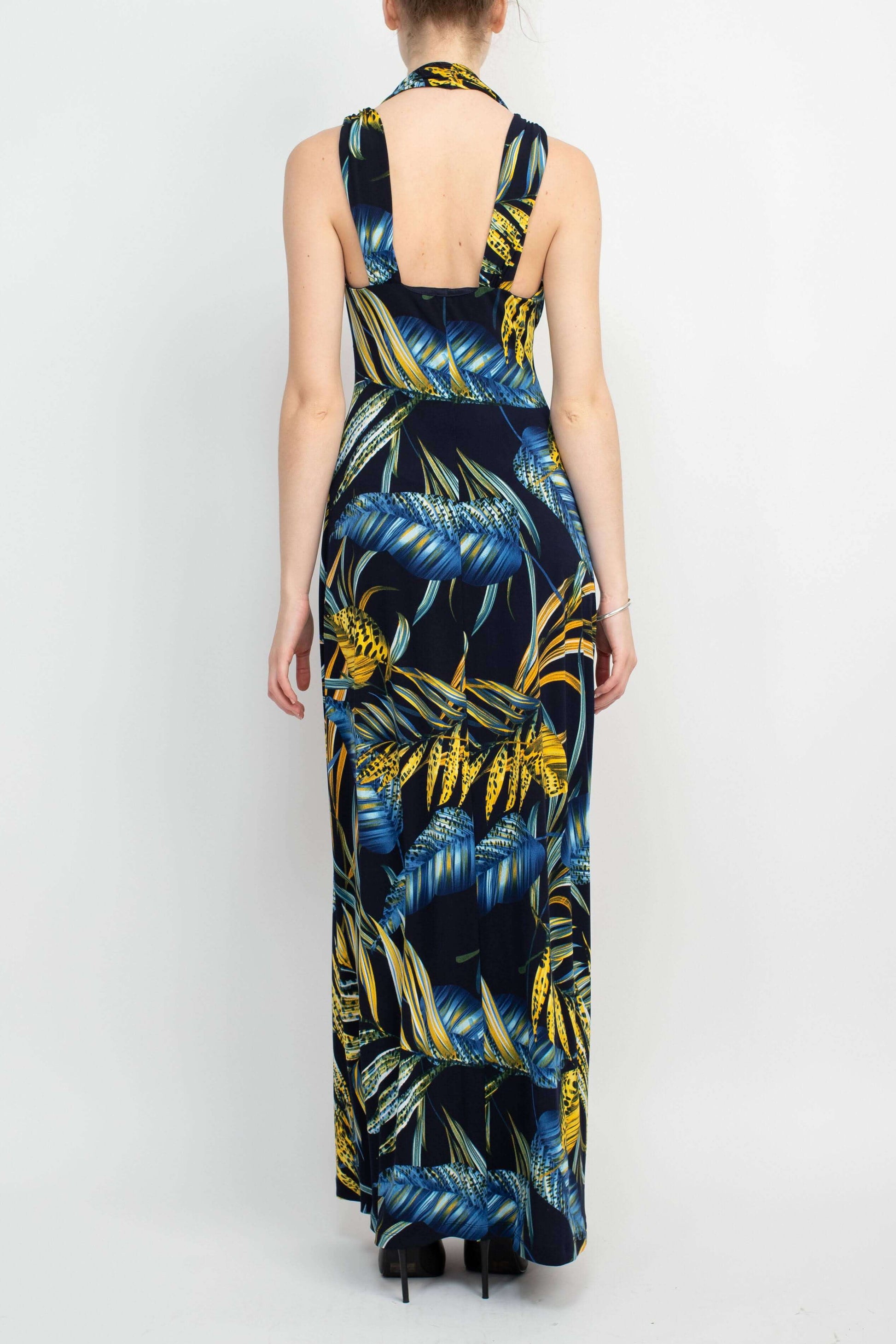 Connected Apparel V-Neck Crossed Shoulder Empire Waist Multi Print Jersey Dress-2