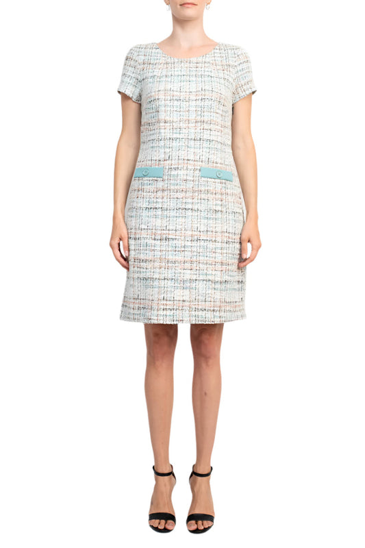 Connected Apparel Scoop Neck Short Sleeve Faux Pockets Shift Knit Dress-0