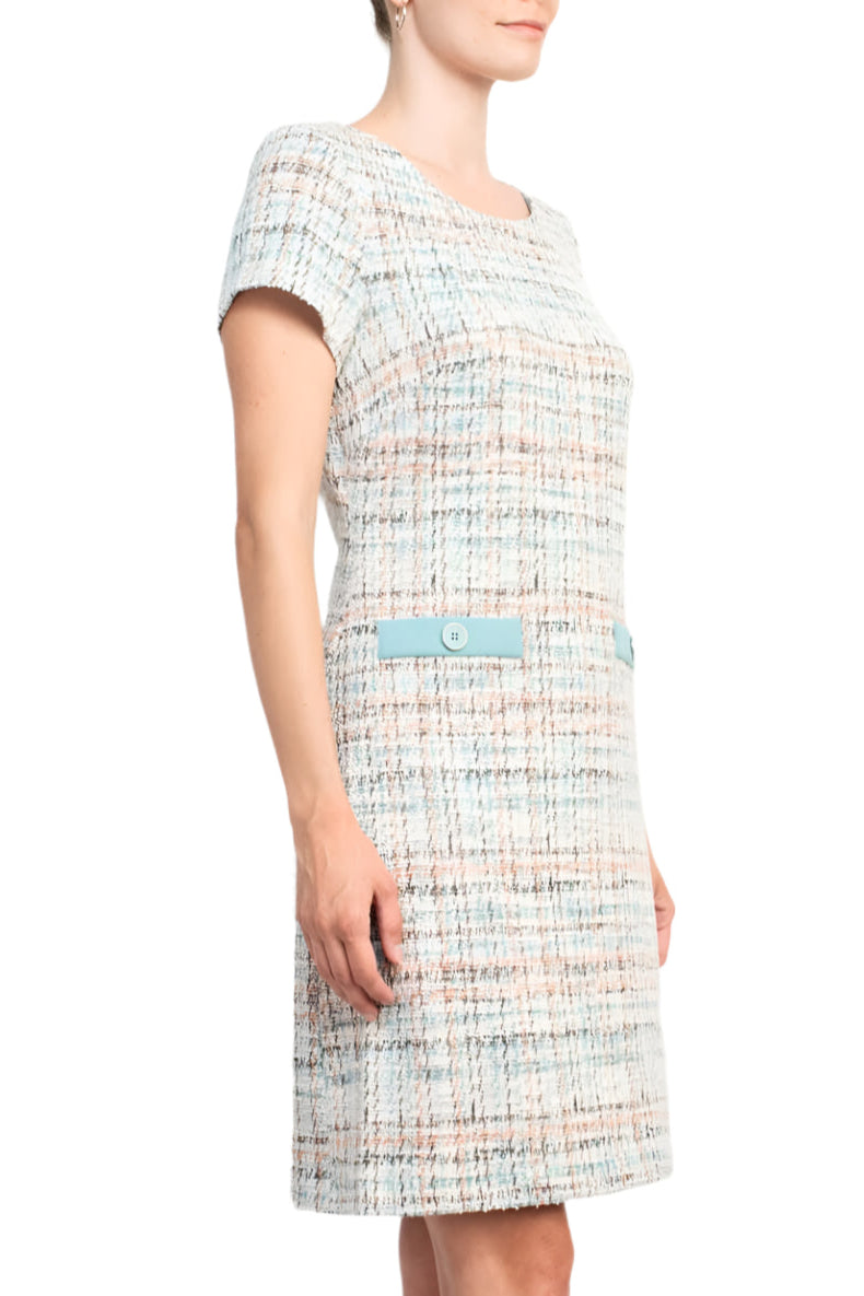 Connected Apparel Scoop Neck Short Sleeve Faux Pockets Shift Knit Dress-2