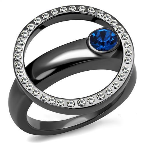 TK2974 - IP Light Black (IP Gun) Stainless Steel Ring with Top Grade Crystal in Capri Blue