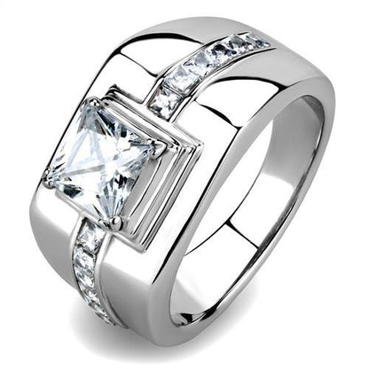 TK3011 - High polished (no plating) Stainless Steel Ring with AAA Grade CZ in Clear