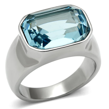 TK527 - High polished (no plating) Stainless Steel Ring with Top Grade Crystal in Sea Blue