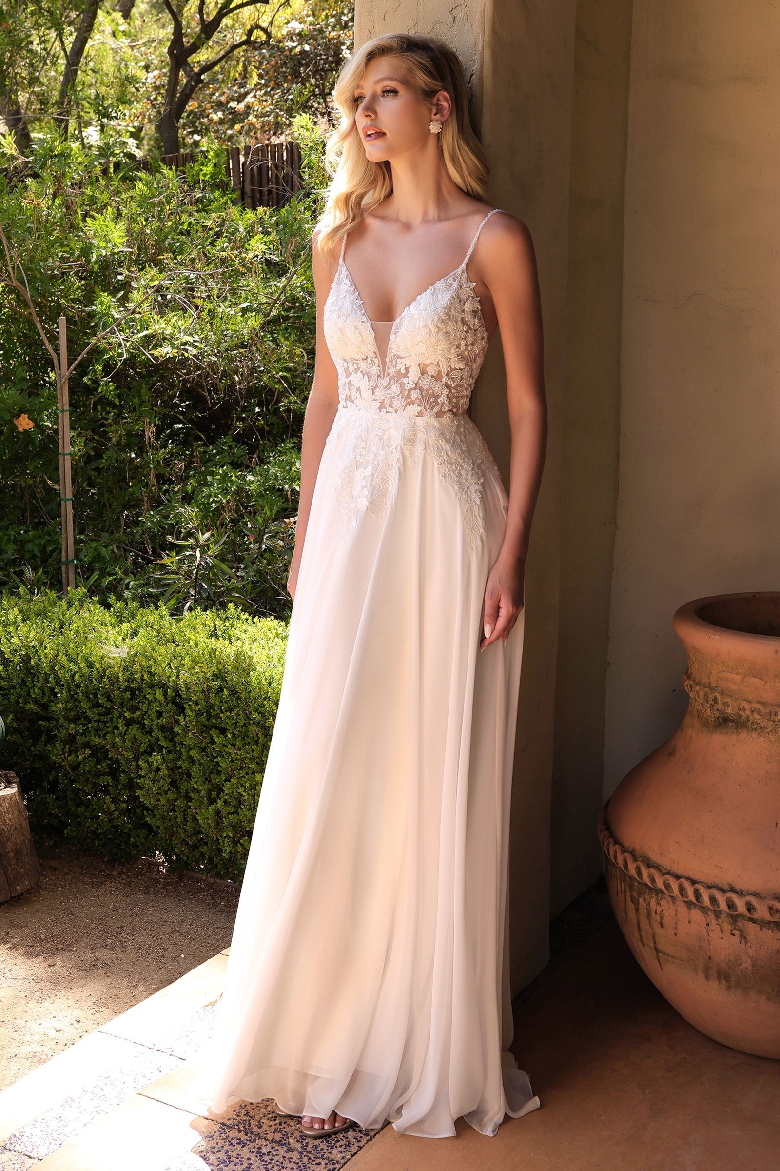 A-Line Chiffon Sheer Bodice Illusion V-Neck Long Wedding Dress CDTY11-0