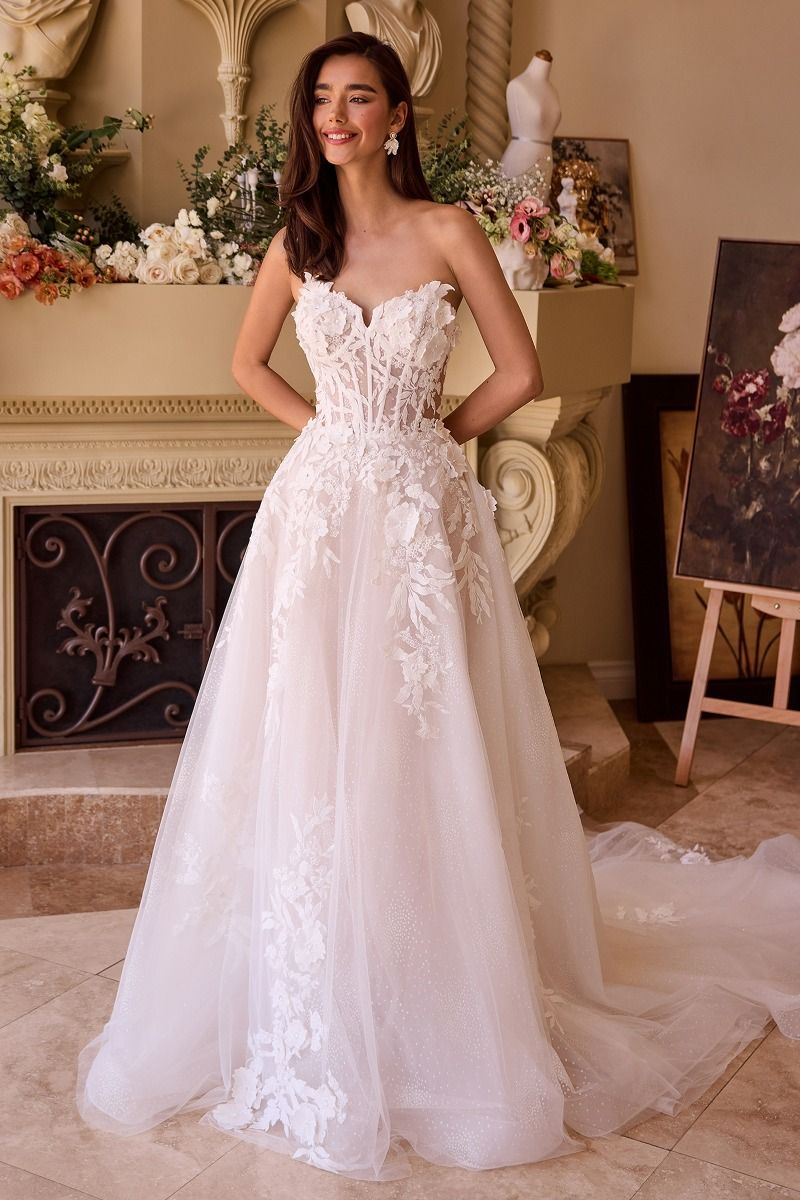 Off-the-Shoulder Floral Lace Embellished Bridal Gown w/ Detachable Puff Sleeves CDWL018-1