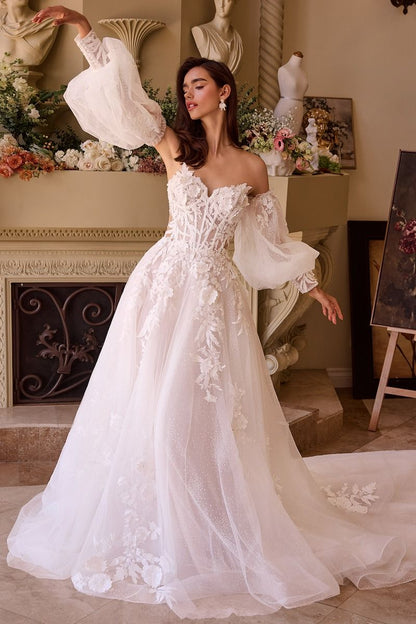 Off-the-Shoulder Floral Lace Embellished Bridal Gown w/ Detachable Puff Sleeves CDWL018-3