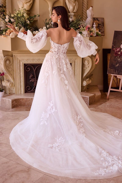Off-the-Shoulder Floral Lace Embellished Bridal Gown w/ Detachable Puff Sleeves CDWL018-2